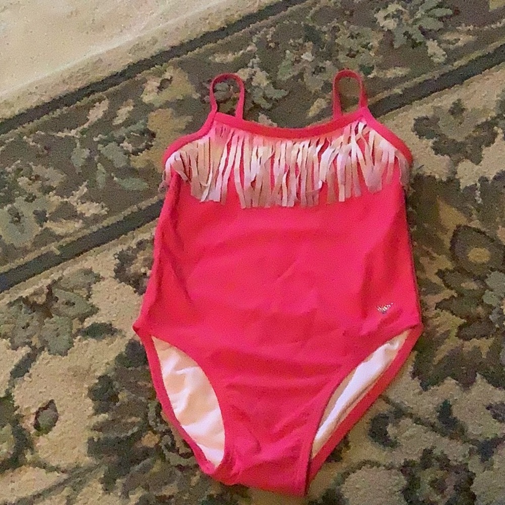 Guess swimsuit size 5/6 hot pink with fringes tie dyed. It’s got triangl…